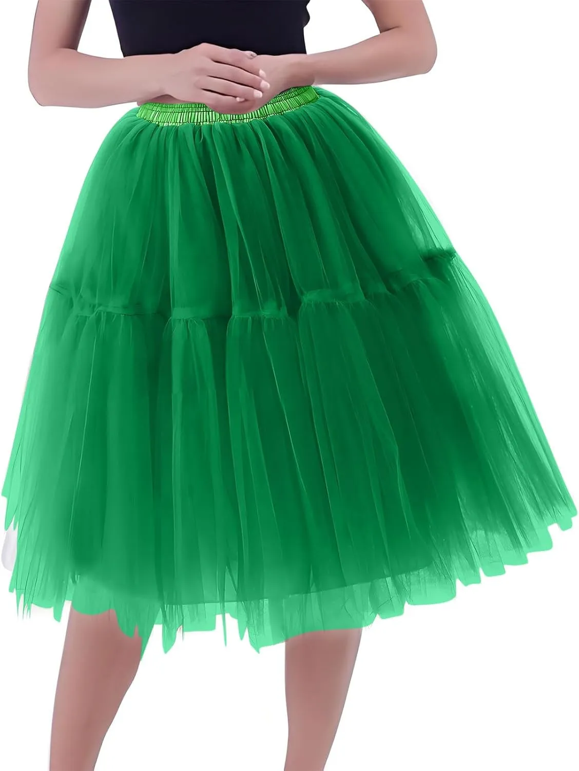 Women's Tulle Skirts Midi Elastic High Waisted Petticoat Pleated Mesh A-Line Party Long Tutu Skirt Under Dress