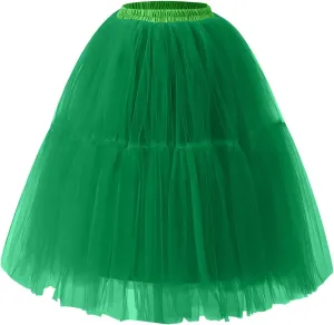 Women's Tulle Skirts Midi Elastic High Waisted Petticoat Pleated Mesh A-Line Party Long Tutu Skirt Under Dress