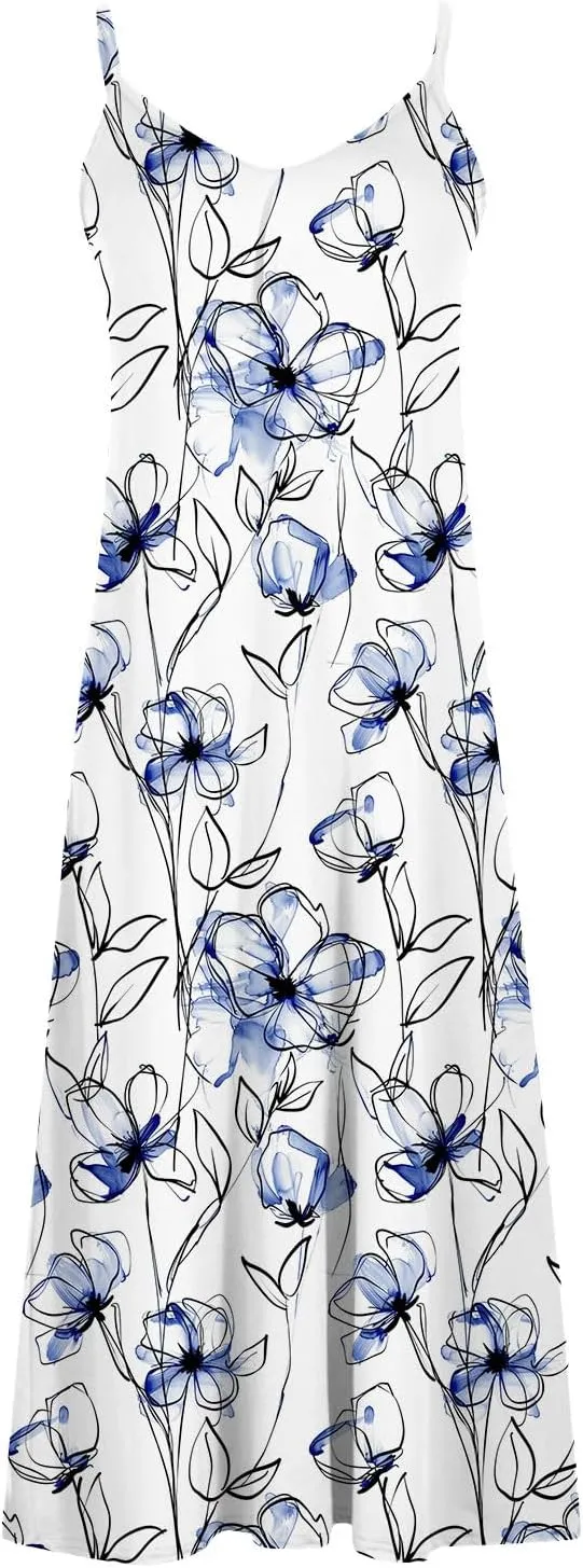 Womens V Neck Adjustable Spaghetti Strap Sundress 2025 Vintage Printed Maxi Cami Dress Summer Beach Outfits