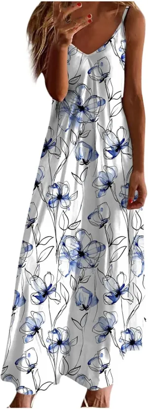 Womens V Neck Adjustable Spaghetti Strap Sundress 2025 Vintage Printed Maxi Cami Dress Summer Beach Outfits