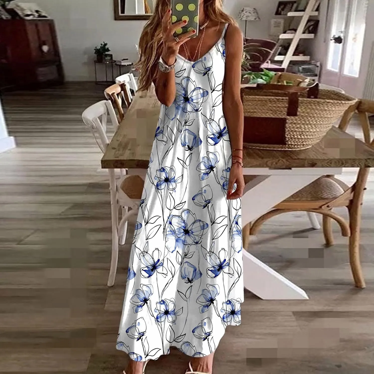 Womens V Neck Adjustable Spaghetti Strap Sundress 2025 Vintage Printed Maxi Cami Dress Summer Beach Outfits