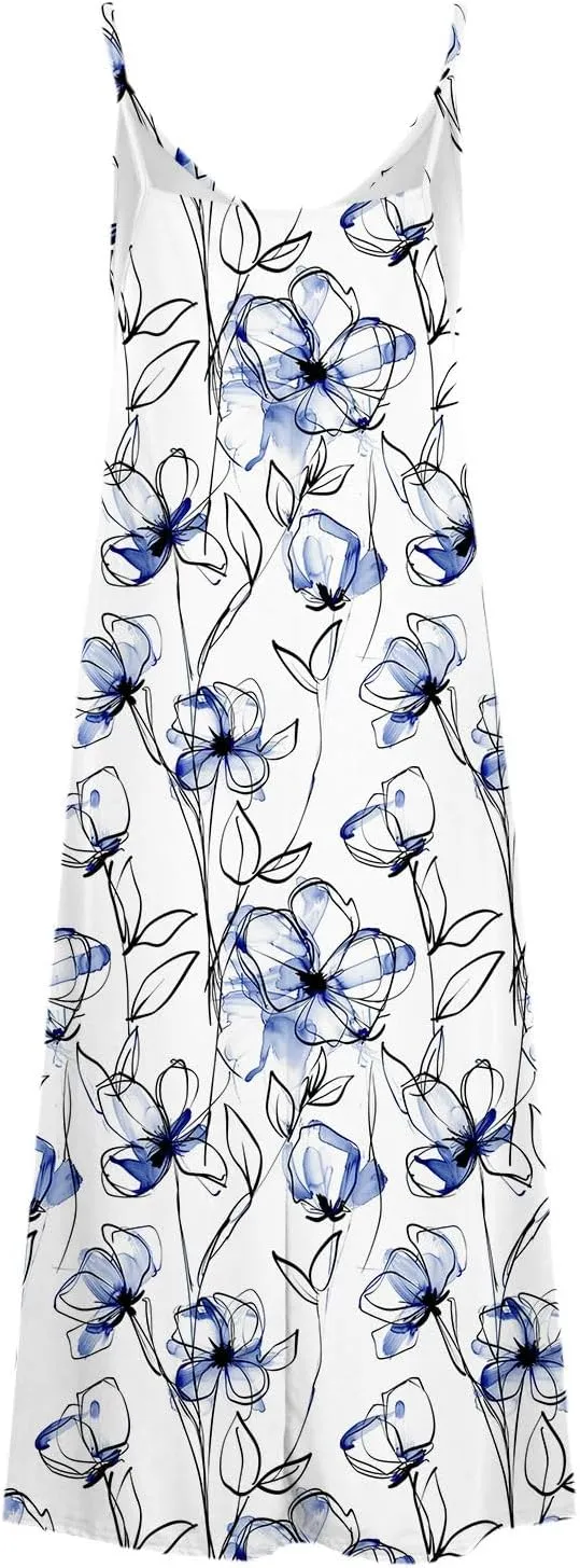 Womens V Neck Adjustable Spaghetti Strap Sundress 2025 Vintage Printed Maxi Cami Dress Summer Beach Outfits