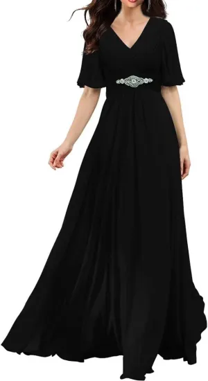 Women's V Neck Bridesmaid Dresses with Flutter Sleeves Chiffon A Line Formal Evening Dress
