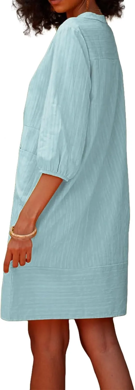 Womens V Neck Cotton Linen Summer Casual Loose Shirts Tunic 3/4 Sleeve Smock Dresses Beach Vacation Dress with Pocket