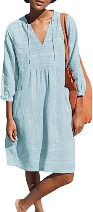 Womens V Neck Cotton Linen Summer Casual Loose Shirts Tunic 3/4 Sleeve Smock Dresses Beach Vacation Dress with Pocket