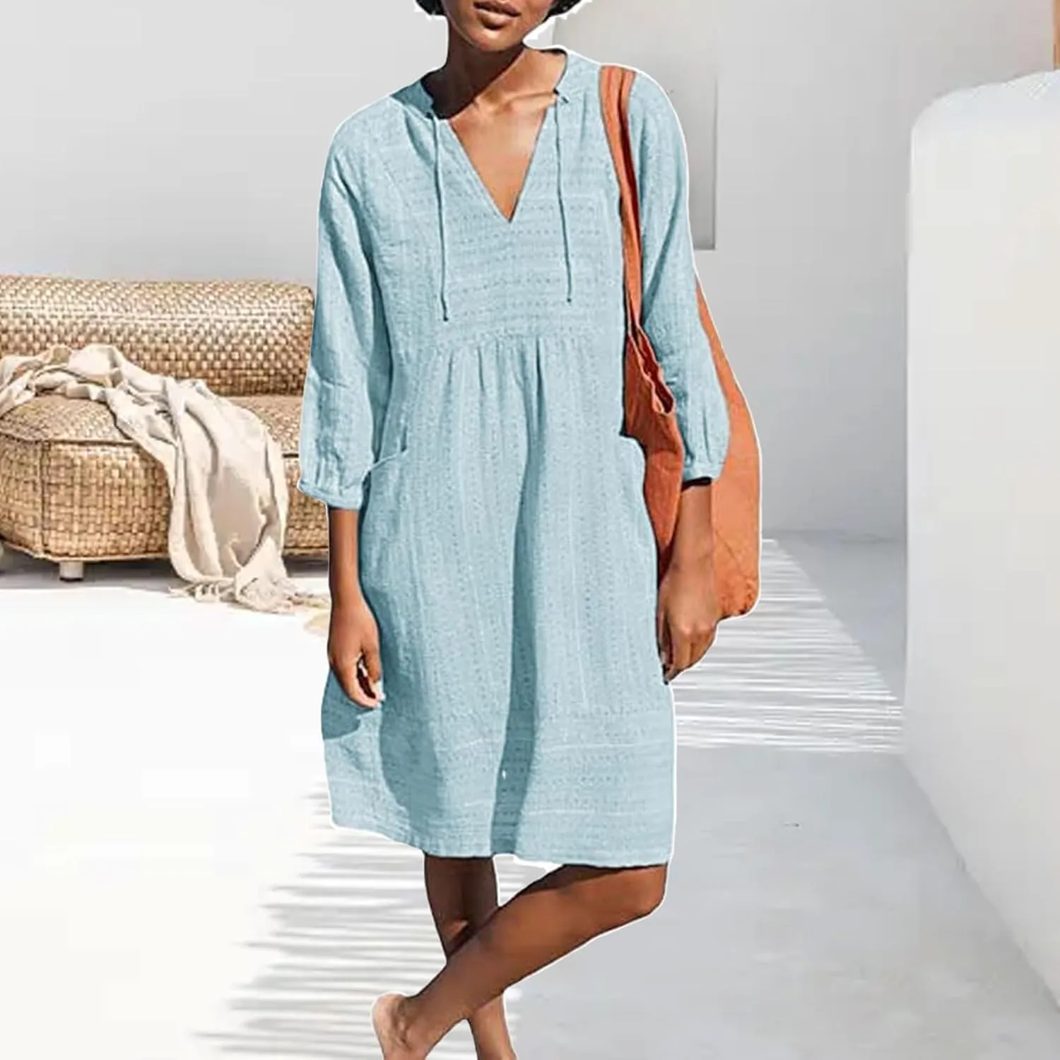 Womens V Neck Cotton Linen Summer Casual Loose Shirts Tunic 3/4 Sleeve Smock Dresses Beach Vacation Dress with Pocket