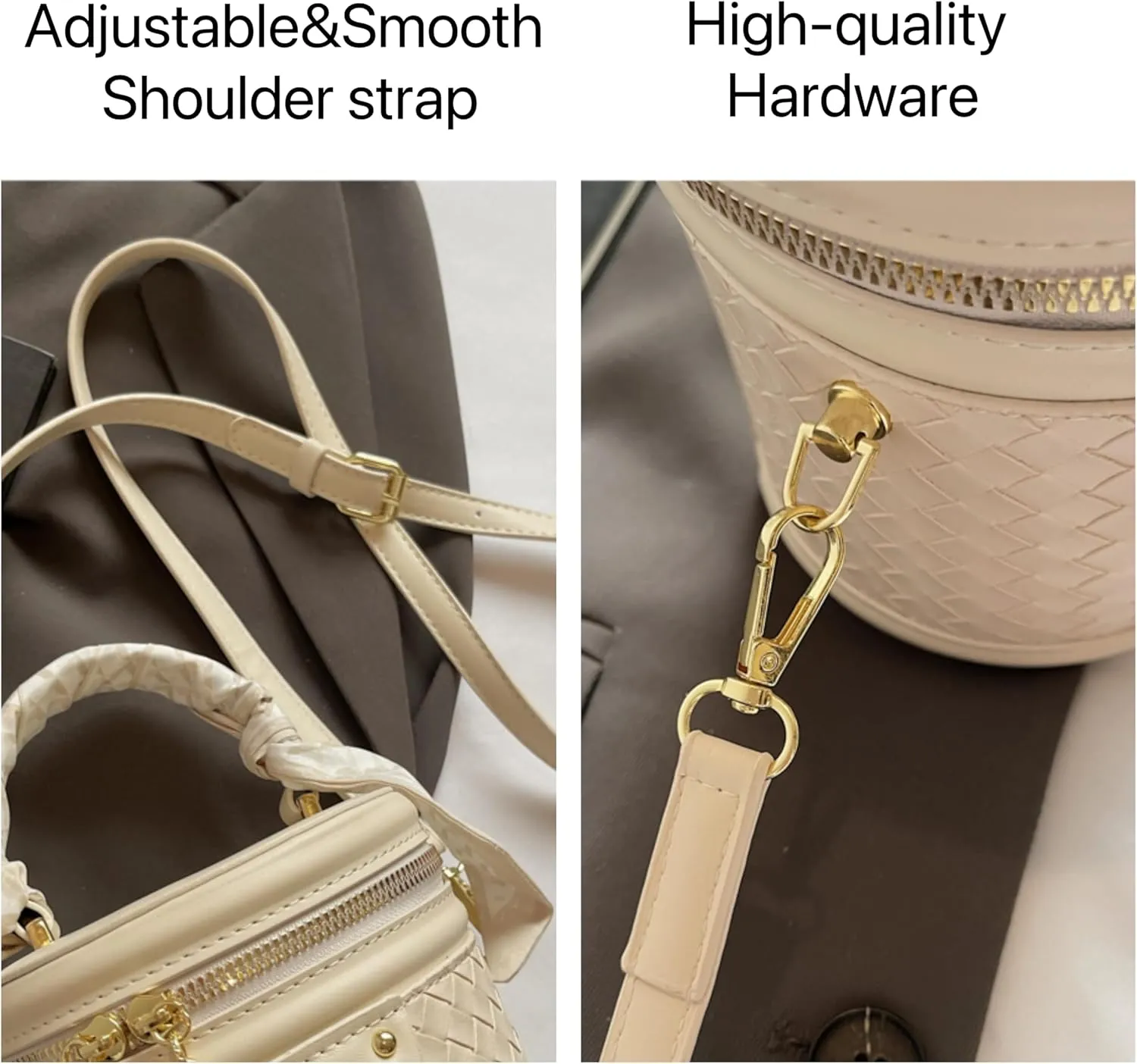 Woven Cylinder Crossbody Handbag with Scarf Handle, Rhombic-shaped Grid Bucket Single-shoulder Bag Gold Zipper