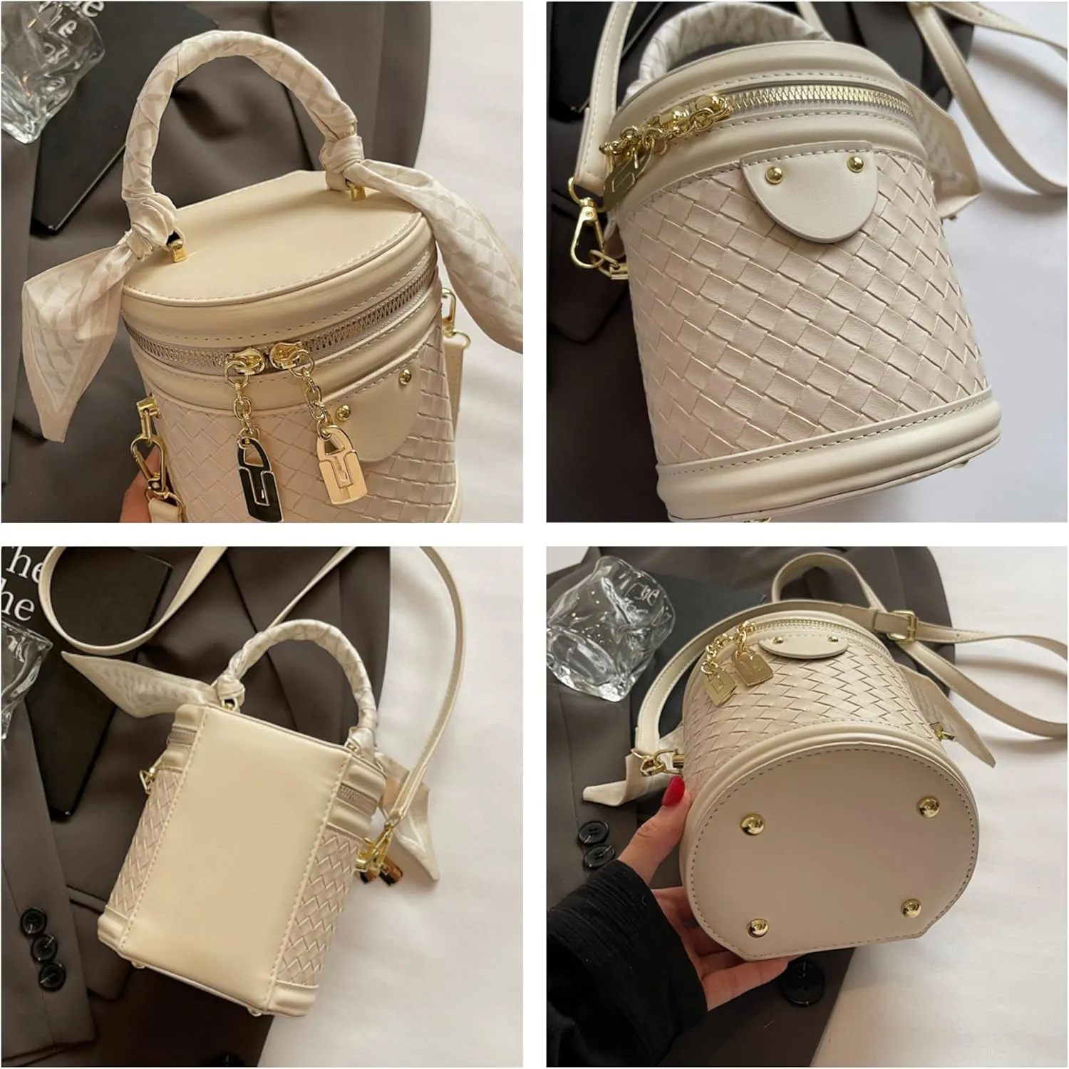 Woven Cylinder Crossbody Handbag with Scarf Handle, Rhombic-shaped Grid Bucket Single-shoulder Bag Gold Zipper