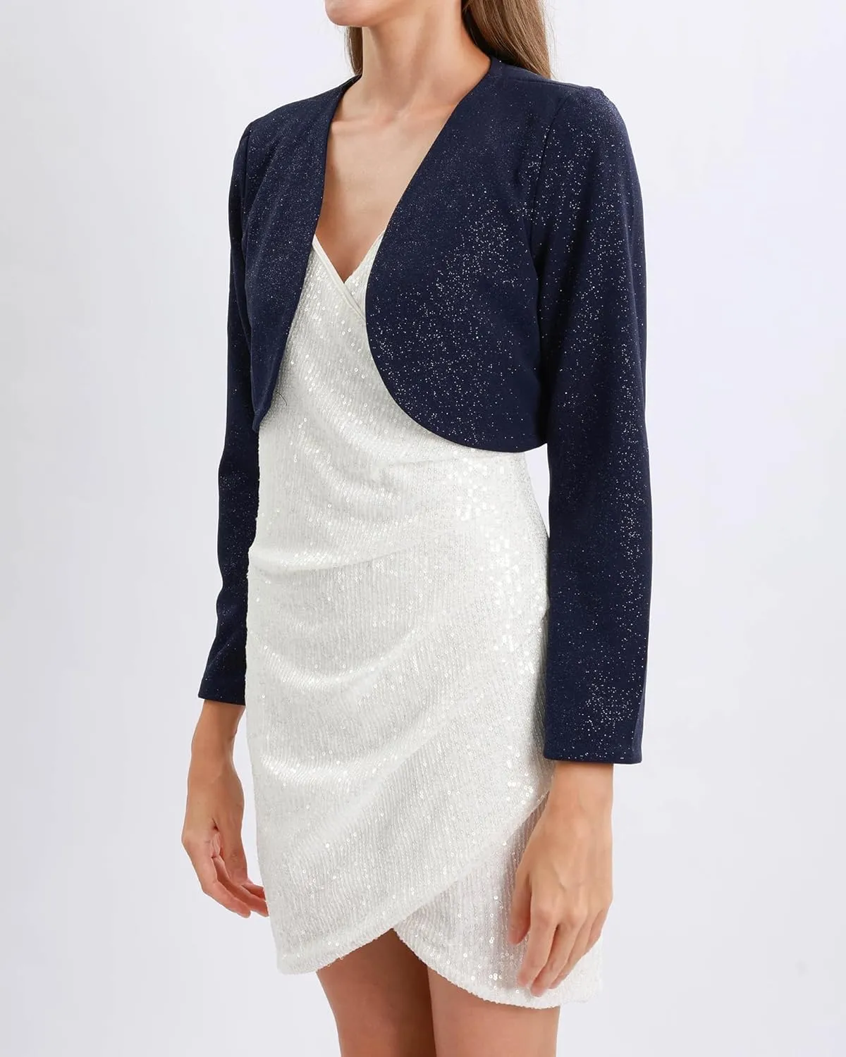 Xintianji Womens Glitter Open Front Cropped Blazer Jacket - Long Sleeve Party Casual Short Blazer