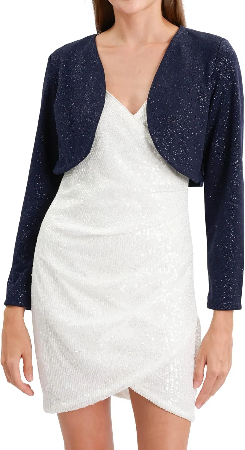 Xintianji Womens Glitter Open Front Cropped Blazer Jacket - Long Sleeve Party Casual Short Blazer