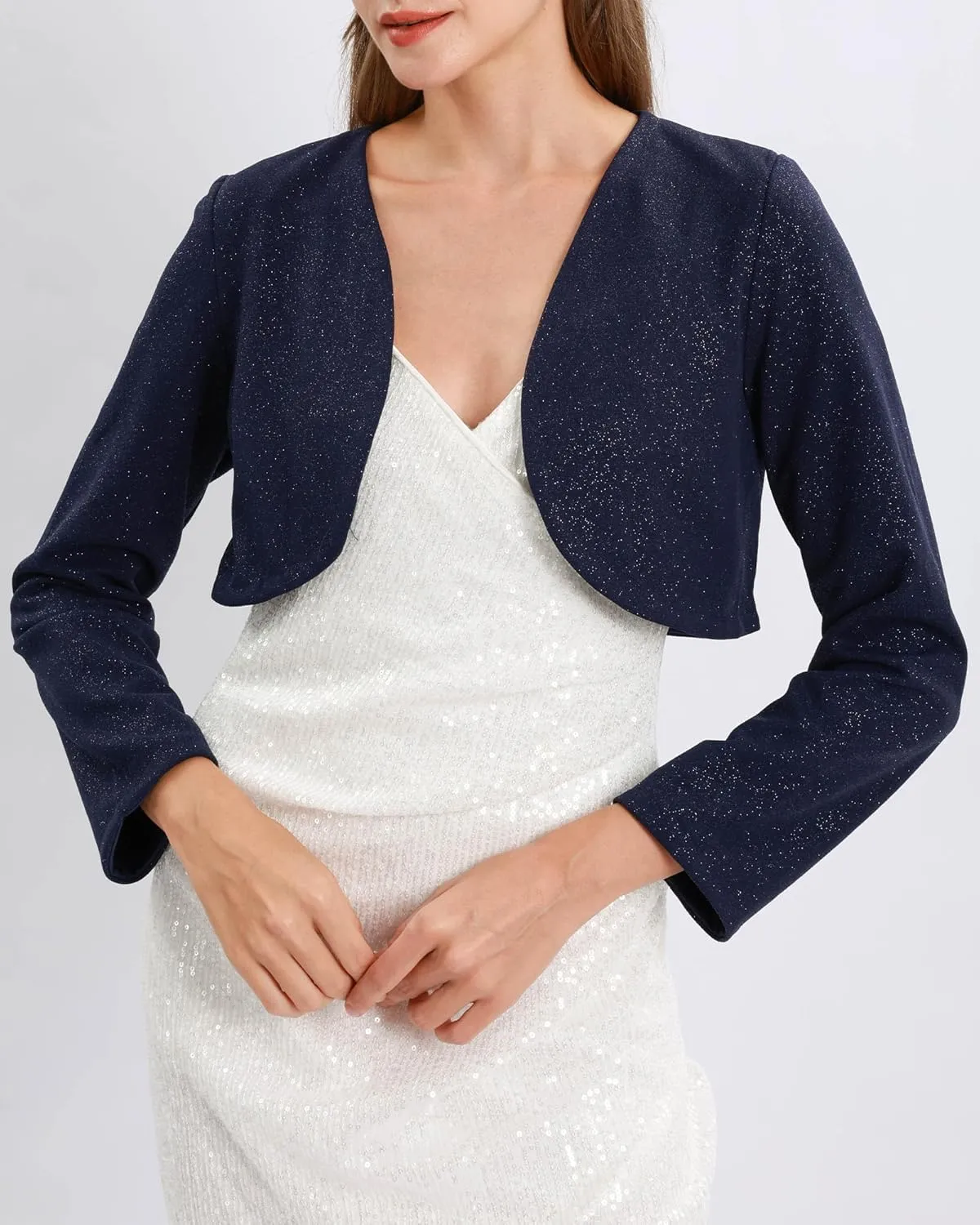 Xintianji Womens Glitter Open Front Cropped Blazer Jacket - Long Sleeve Party Casual Short Blazer