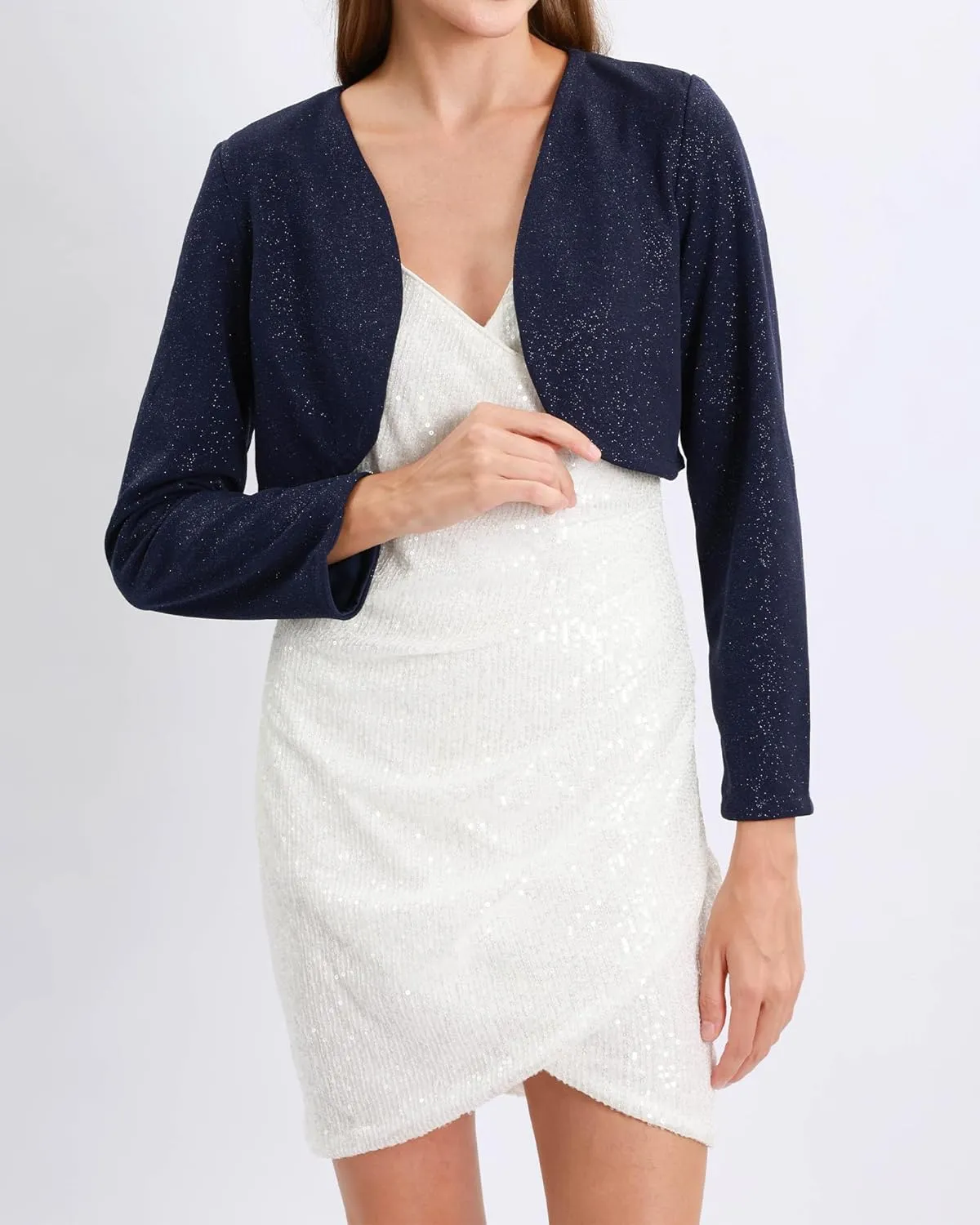Xintianji Womens Glitter Open Front Cropped Blazer Jacket - Long Sleeve Party Casual Short Blazer