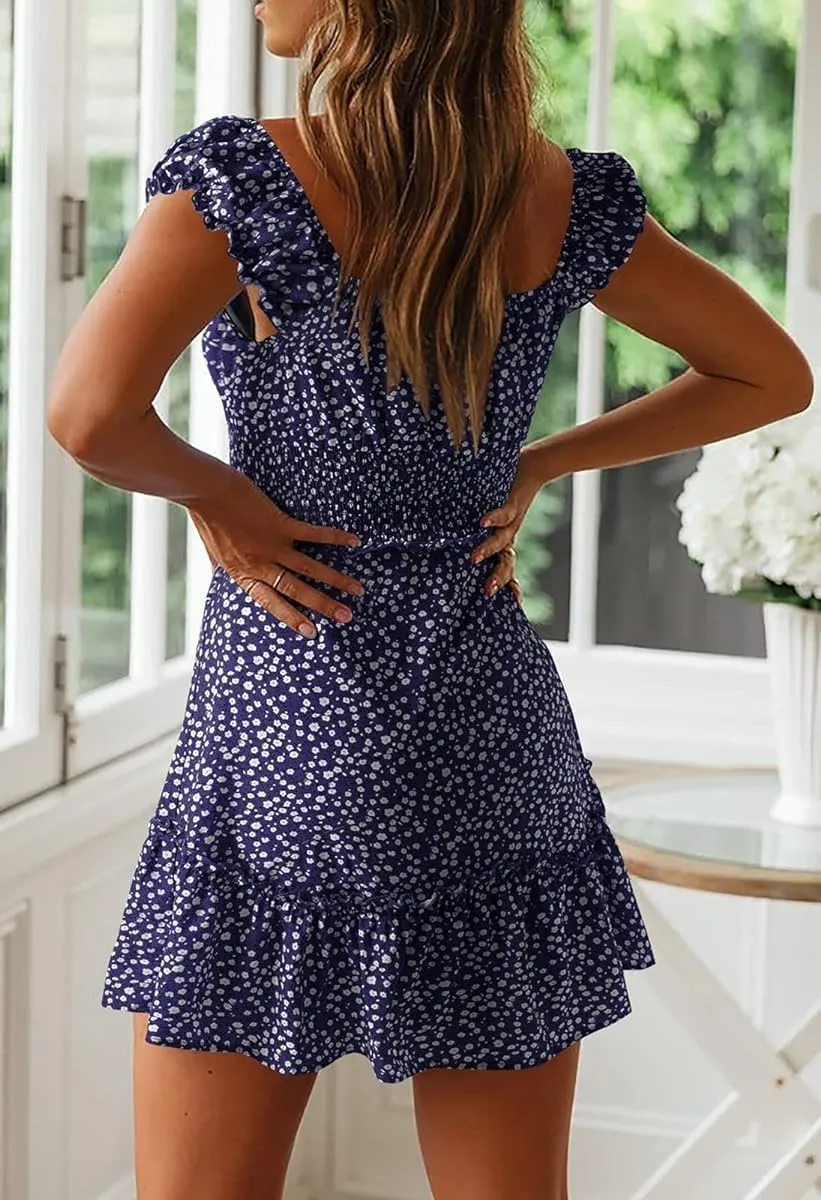 YOBECHO Womens Summer Sexy Sweetheart Collar Printed Ruffle Mini Dress