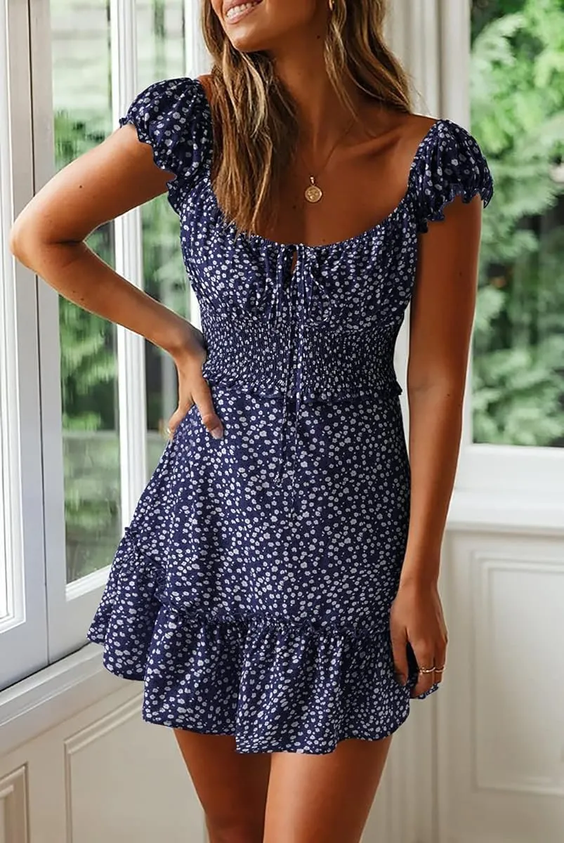 YOBECHO Womens Summer Sexy Sweetheart Collar Printed Ruffle Mini Dress