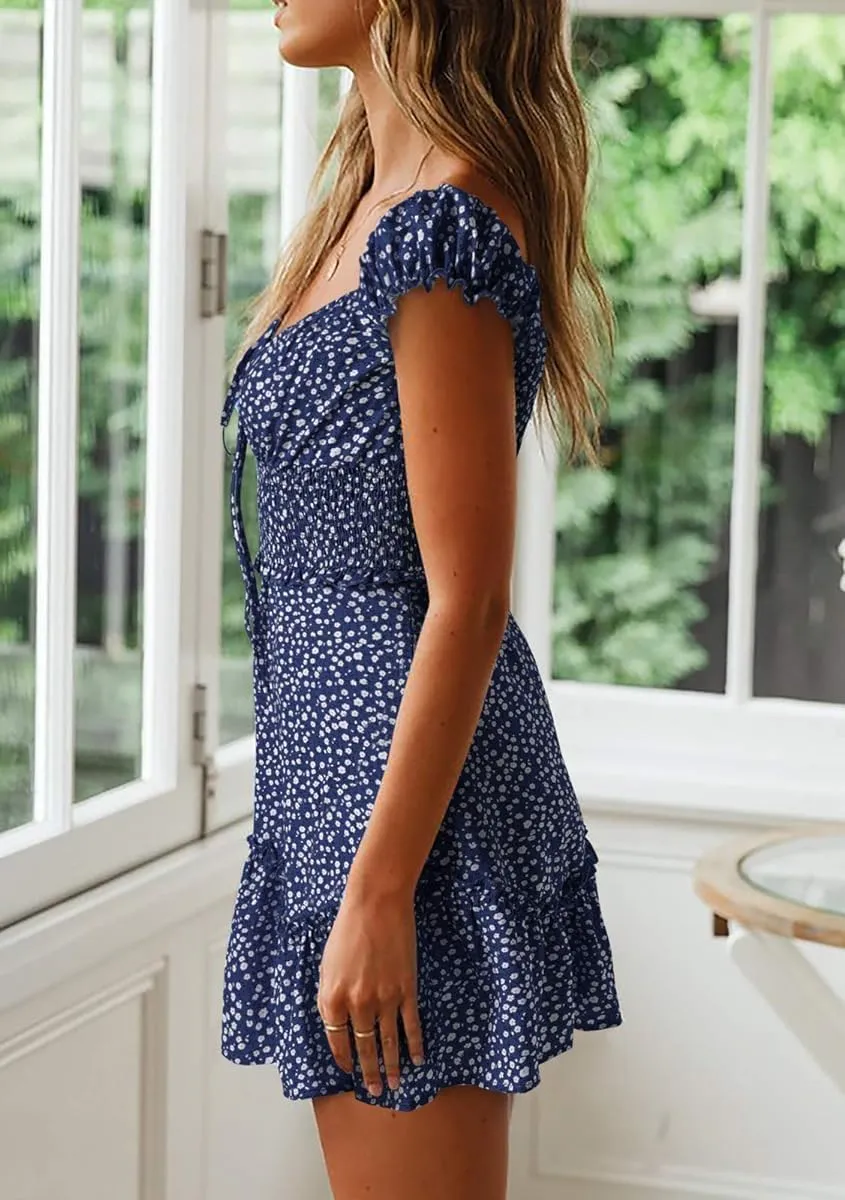 YOBECHO Womens Summer Sexy Sweetheart Collar Printed Ruffle Mini Dress