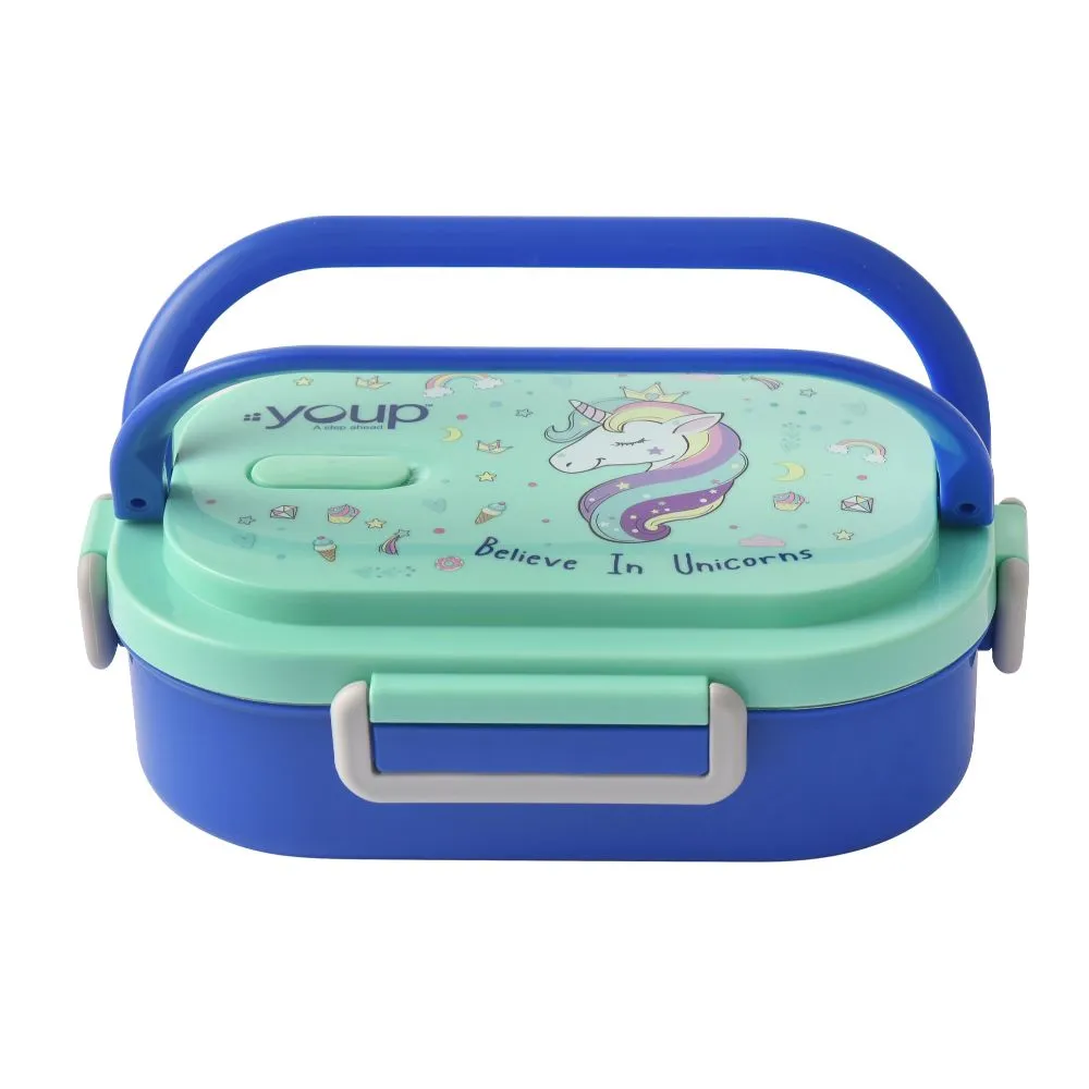 Youp Stainless Steel Blue Color Unicorn Theme Kids Lunch Box Carry - 700 Ml