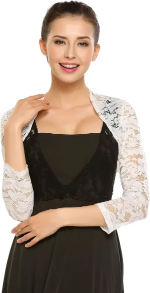 Zeagoo Women's 3/4 Sleeve Bolero Shrugs for Dresses Crochet Lace Open Front Cropped Cardigan