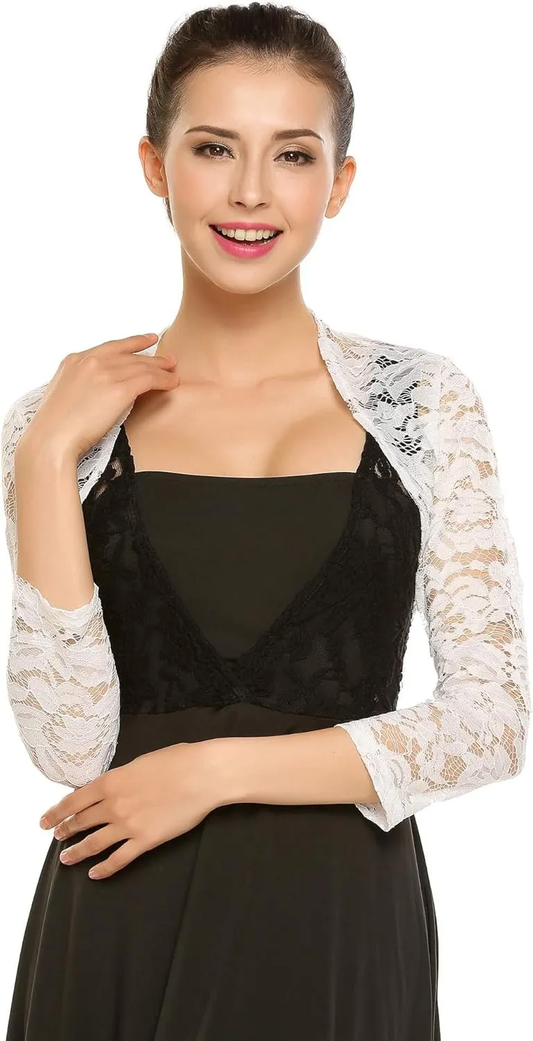 Zeagoo Women's 3/4 Sleeve Bolero Shrugs for Dresses Crochet Lace Open Front Cropped Cardigan