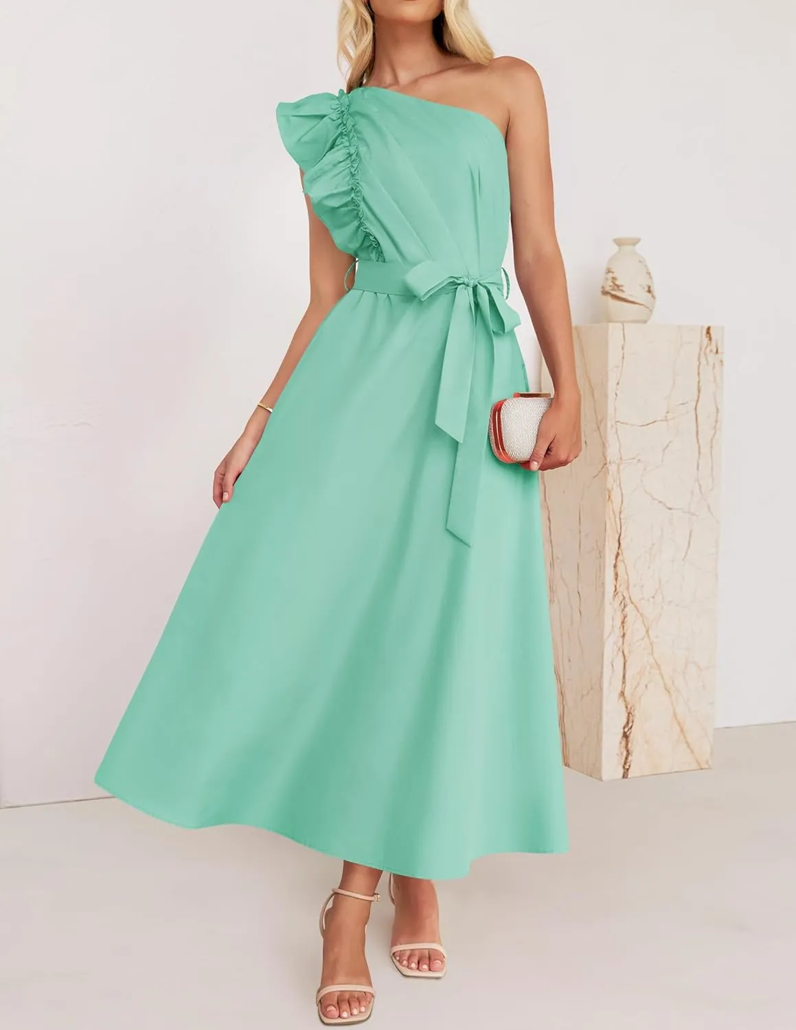 ZESICA Women's 2025 Summer One Shoulder Ruffle Dress Sleeveless Empire Waist Boho Flowy Maxi Dresses