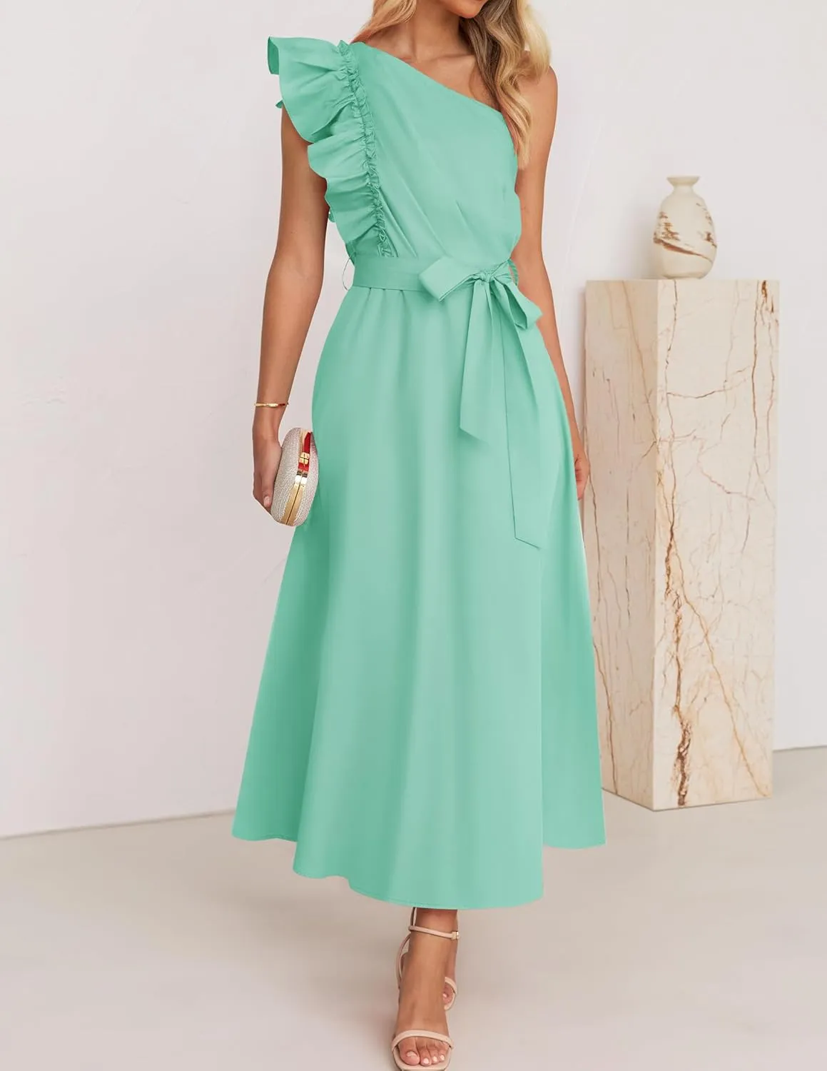 ZESICA Women's 2025 Summer One Shoulder Ruffle Dress Sleeveless Empire Waist Boho Flowy Maxi Dresses