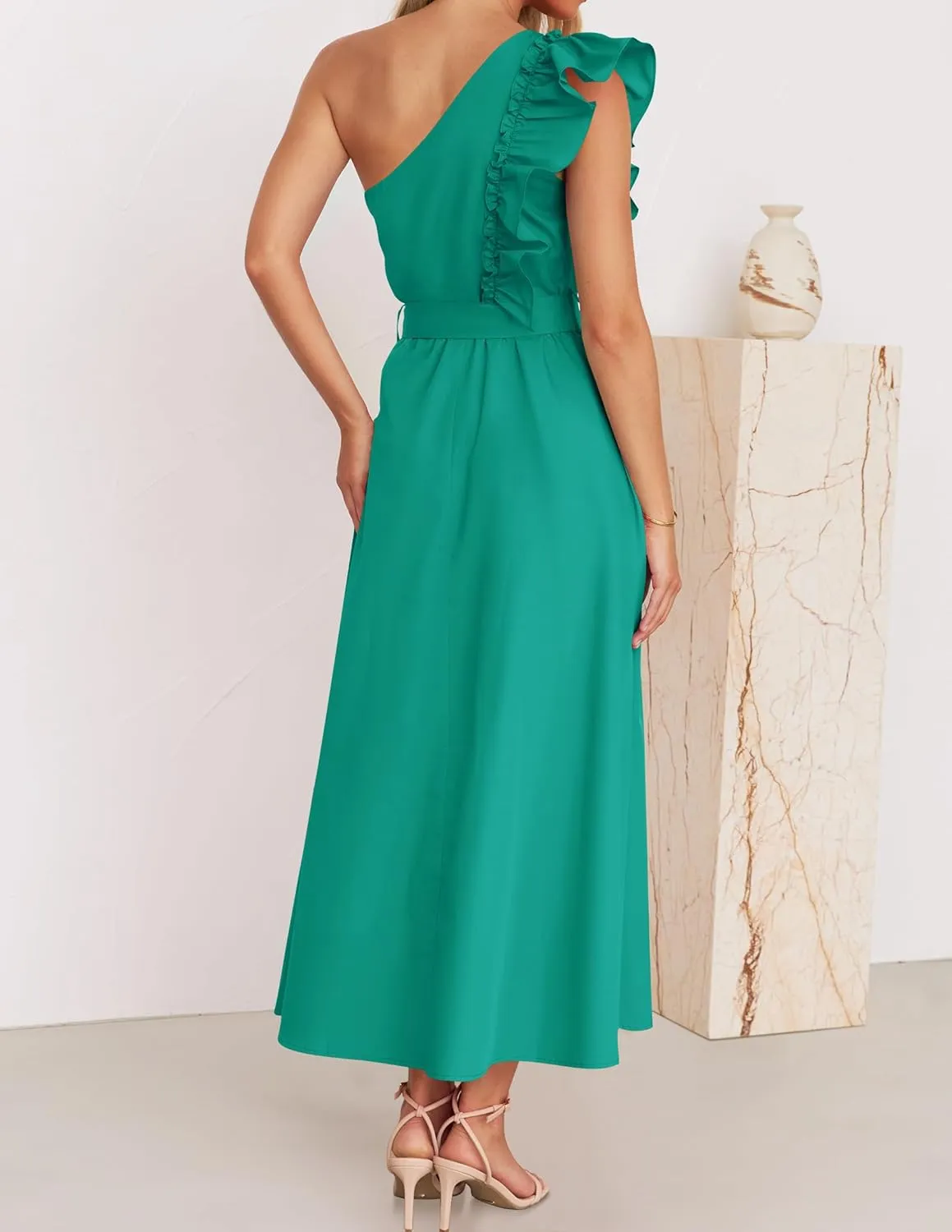 ZESICA Women's 2025 Summer One Shoulder Ruffle Dress Sleeveless Empire Waist Boho Flowy Maxi Dresses