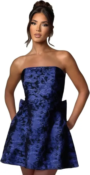 ZGMYC Jacquard Satin Homecoming Dress with Bow Elegant Strapless Mini Dress A Line Short Prom Dresses Party Gown
