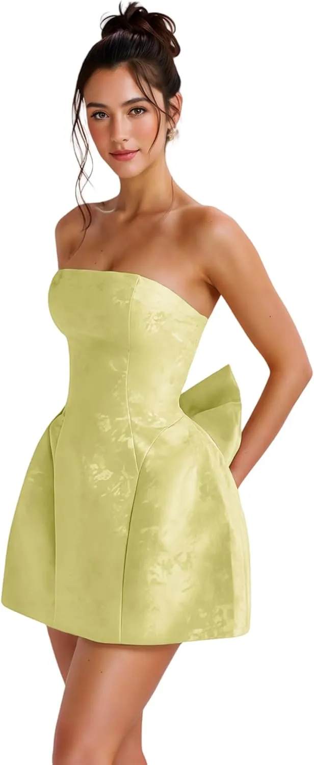 ZGMYC Jacquard Satin Homecoming Dress with Bow Elegant Strapless Mini Dress A Line Short Prom Dresses Party Gown