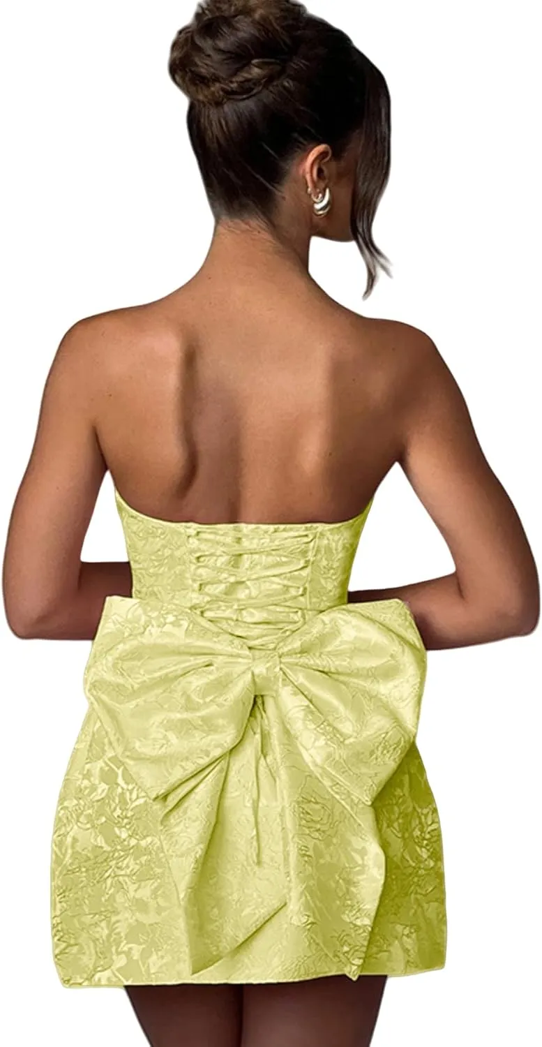 ZGMYC Jacquard Satin Homecoming Dress with Bow Elegant Strapless Mini Dress A Line Short Prom Dresses Party Gown
