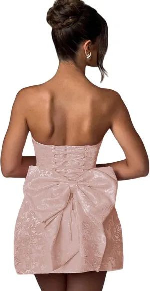 ZGMYC Jacquard Satin Homecoming Dress with Bow Elegant Strapless Mini Dress A Line Short Prom Dresses Party Gown