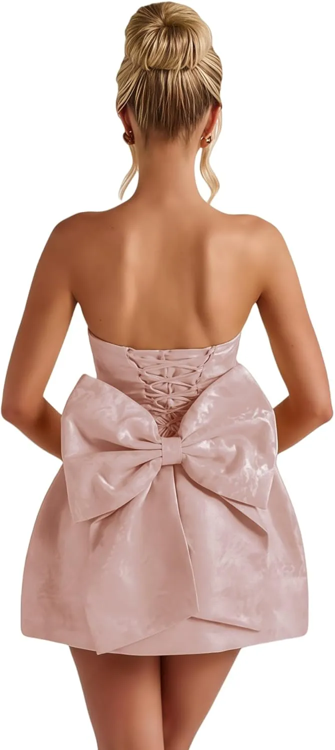 ZGMYC Jacquard Satin Homecoming Dress with Bow Elegant Strapless Mini Dress A Line Short Prom Dresses Party Gown