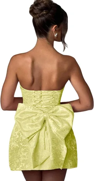 ZGMYC Jacquard Satin Homecoming Dress with Bow Elegant Strapless Mini Dress A Line Short Prom Dresses Party Gown