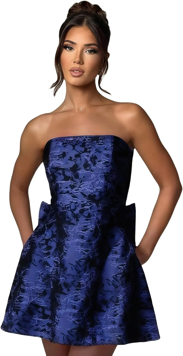 ZGMYC Jacquard Satin Homecoming Dress with Bow Elegant Strapless Mini Dress A Line Short Prom Dresses Party Gown