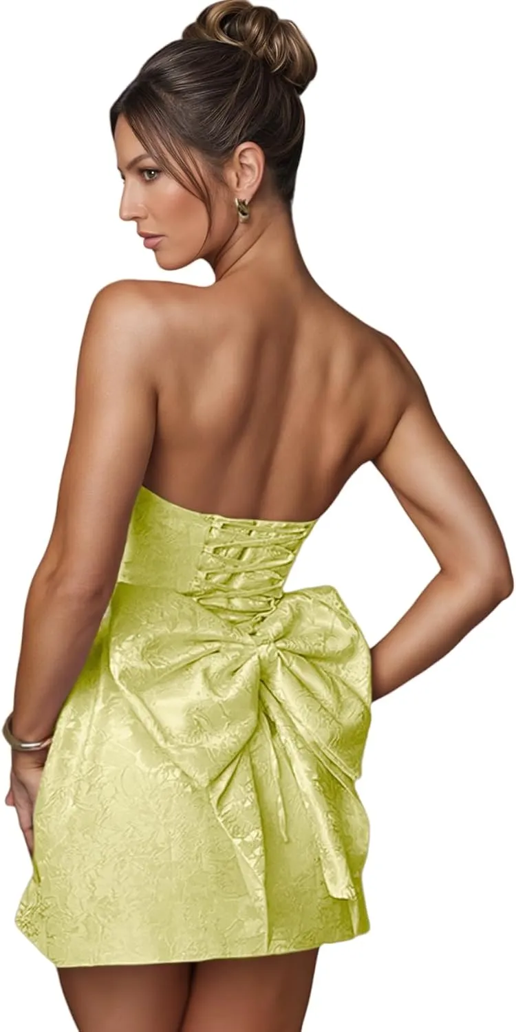 ZGMYC Jacquard Satin Homecoming Dress with Bow Elegant Strapless Mini Dress A Line Short Prom Dresses Party Gown