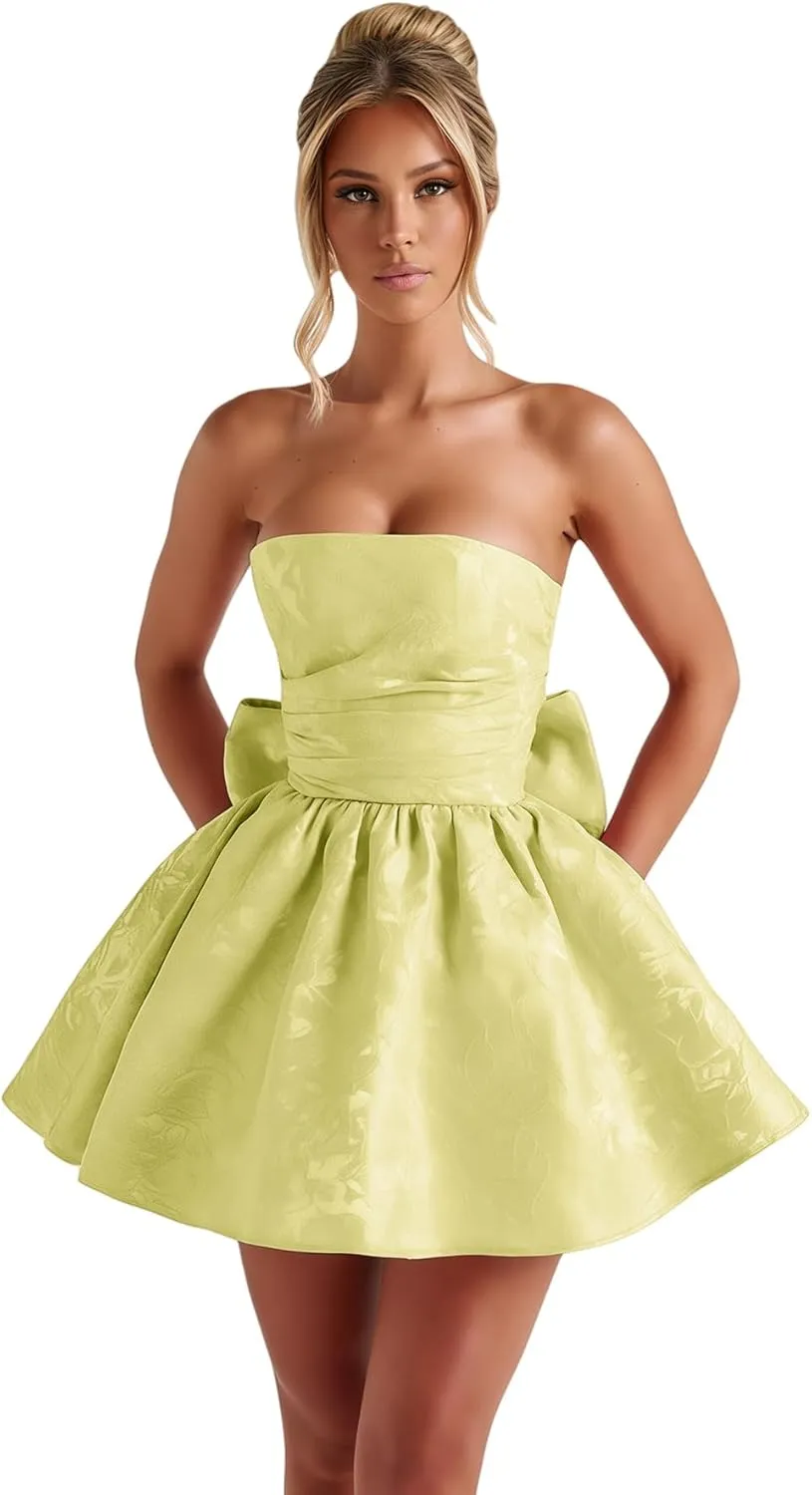 ZGMYC Jacquard Satin Homecoming Dress with Bow Elegant Strapless Mini Dress A Line Short Prom Dresses Party Gown