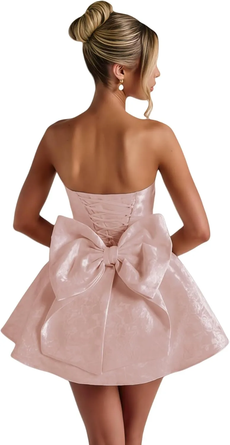 ZGMYC Jacquard Satin Homecoming Dress with Bow Elegant Strapless Mini Dress A Line Short Prom Dresses Party Gown