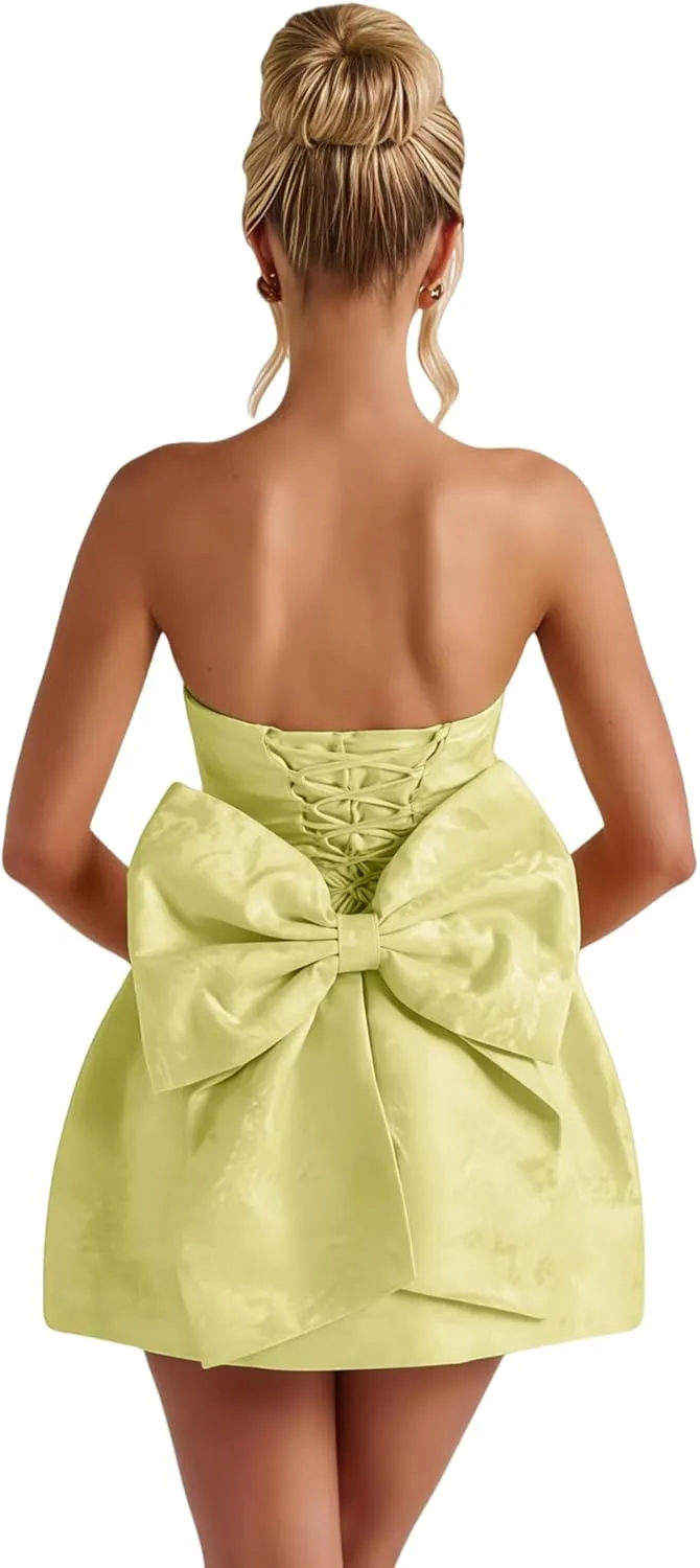 ZGMYC Jacquard Satin Homecoming Dress with Bow Elegant Strapless Mini Dress A Line Short Prom Dresses Party Gown