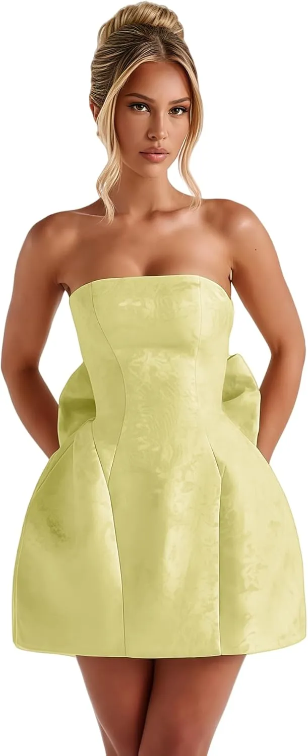 ZGMYC Jacquard Satin Homecoming Dress with Bow Elegant Strapless Mini Dress A Line Short Prom Dresses Party Gown